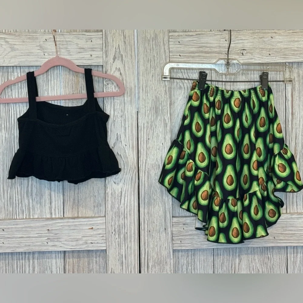 Kids' Avocado Print Skirt and Black Top Set
